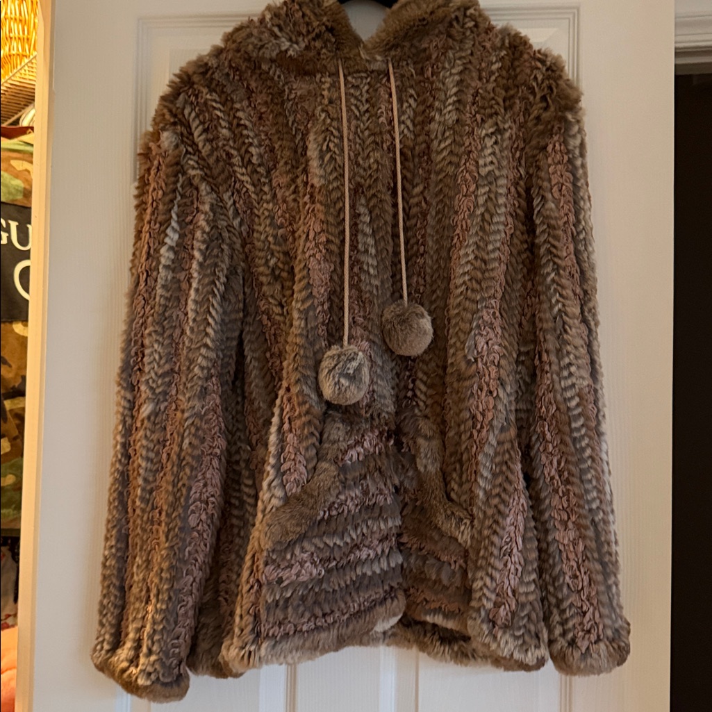Cozy Real Rabbit Fur And Woven Striped Hoodie